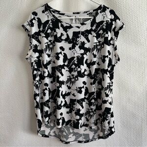 Elle Women’s Floral Black White Short Sleeve Work Blouse Size: Large